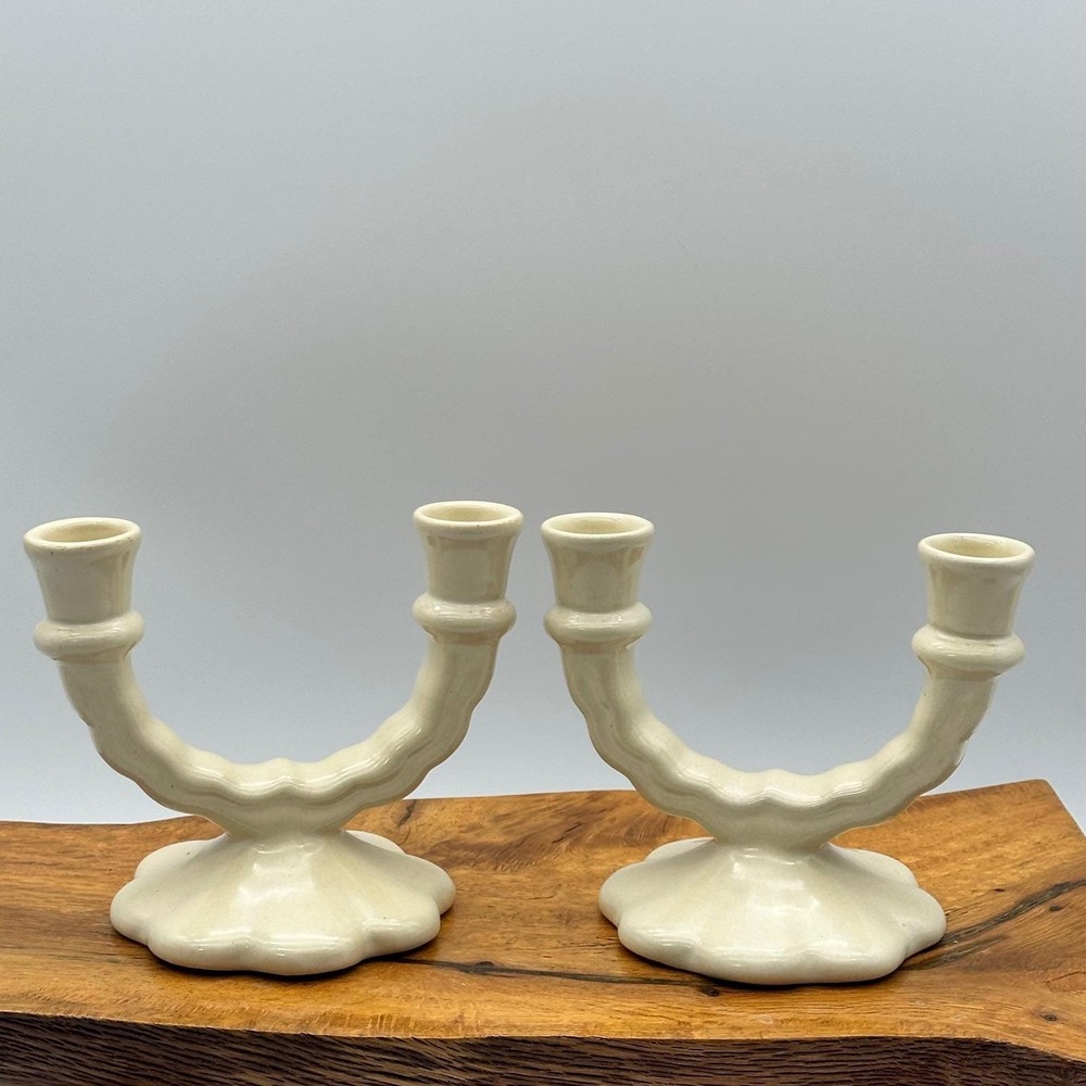 Pair of Camark White Double Candleholders Vintage Art Pottery